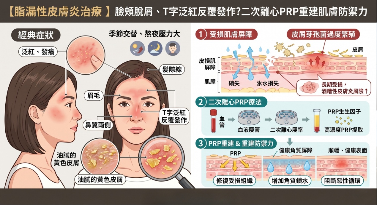 【脂漏性皮膚炎治療】臉頰脫屑、T字泛紅反覆發作？二次離心PRP重建肌膚防禦力