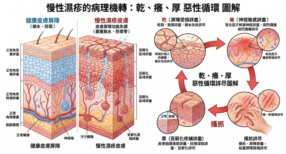 慢性濕疹乾癢厚症狀示意圖