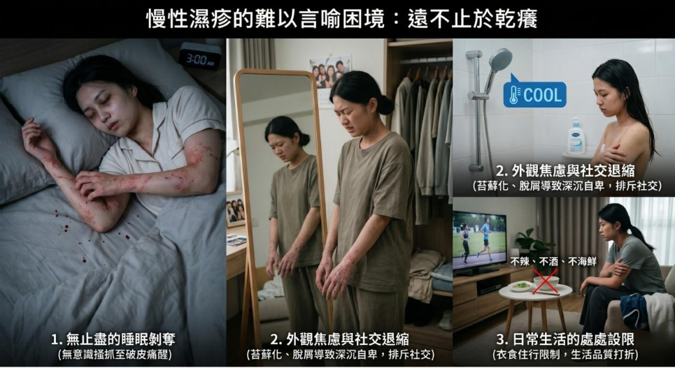 慢性濕疹生活困擾與睡眠社交影響示意圖