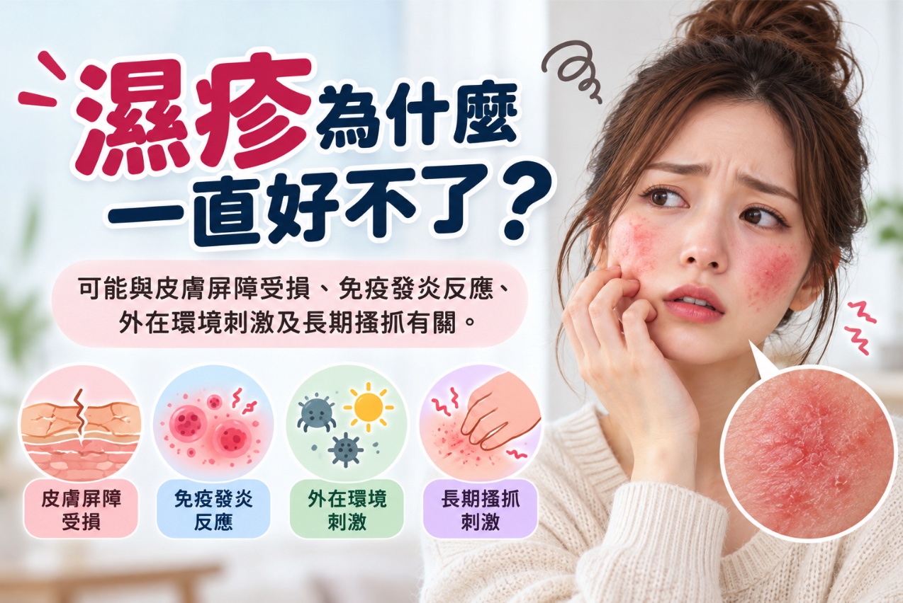 巴黎國際長春診所濕疹衛教圖解，主題為「濕疹為什麼一直好不了？」圖片右側是一名身穿白色毛衣的年輕女性，雙側臉頰出現明顯泛紅、紅疹、乾燥及脫屑，女性以手輕觸搔癢不適的臉頰，旁邊搭配局部皮膚放大示意圖，呈現濕疹造成的皮膚發炎與粗糙變化。左側以四個圖示說明濕疹反覆發作的常見原因，包括皮膚屏障受損、免疫發炎反應、外在環境刺激及長期搔抓。濕疹可能受到個人體質、季節變化、生活壓力及外界刺激等因素影響，形成反覆發炎與搔癢的循環，長期可能造成皮膚增厚及色素沉澱。