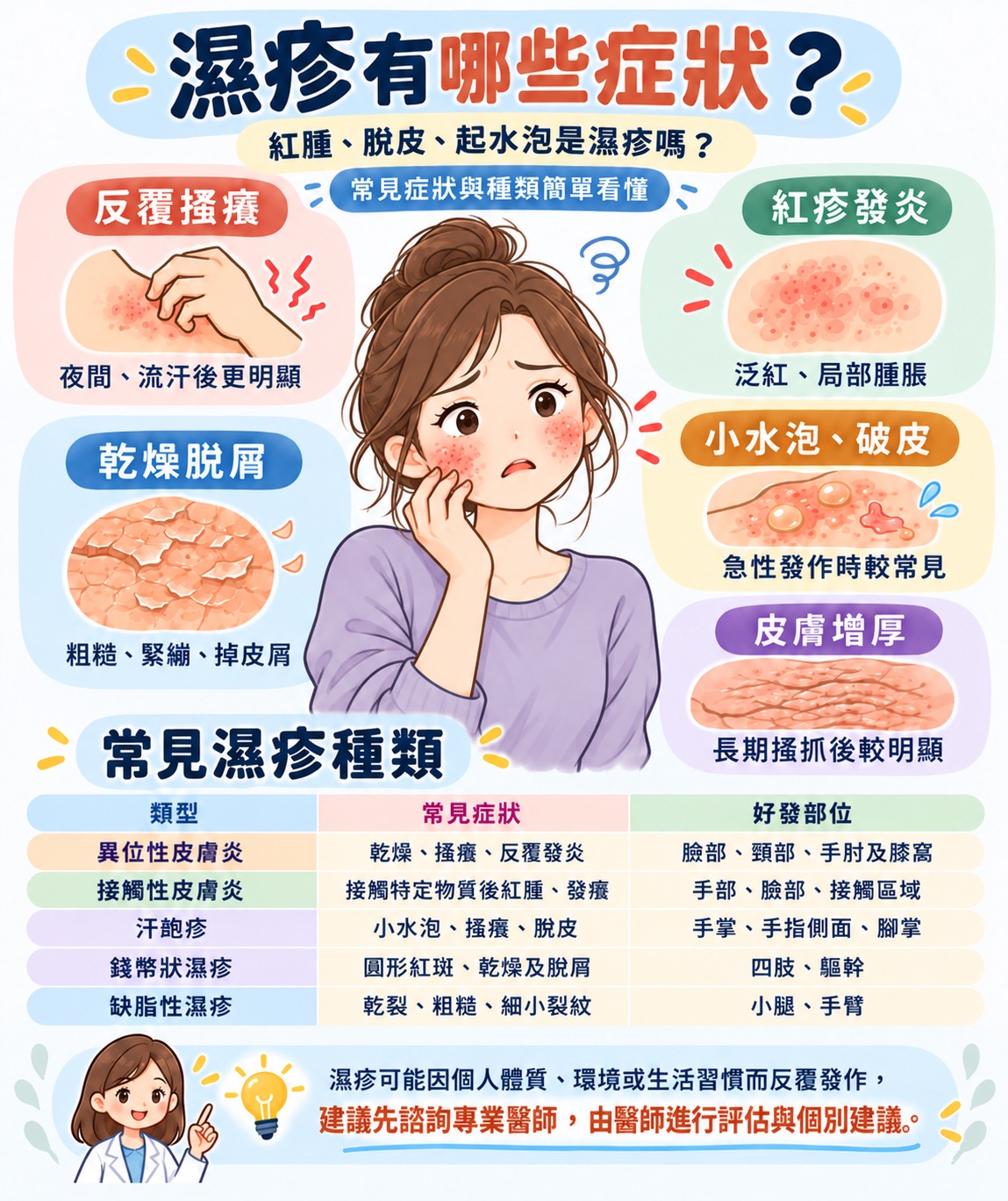 巴黎國際長春診所濕疹衛教圖解，以粉嫩色系搭配可愛卡通女性，呈現雙側臉頰明顯泛紅、紅疹、乾燥與搔癢不適，女性以單手輕觸臉頰，表現濕疹帶來的困擾。圖片上方介紹四種常見症狀：反覆搔癢、紅疹發炎、乾燥脫屑，以及小水泡、破皮，另說明長期反覆搔抓可能造成皮膚增厚。下方表格整理五種常見濕疹類型，包括異位性皮膚炎、接觸性皮膚炎、汗皰疹、錢幣狀濕疹及缺脂性濕疹，並比較各類型的常見症狀與好發部位。濕疹可能因個人體質、環境或生活習慣而反覆發作，建議由專業醫師評估並提供個別化照護建議。